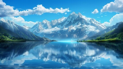 Stunning scenic view of snow-capped mountains reflected in a clear blue lake, surrounded by greenery and a vibrant sky.