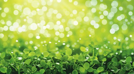 Fototapeta premium Sunlit clover field with morning dew and a bokeh effect. Bright and fresh green foliage creating a serene and vibrant natural scene.