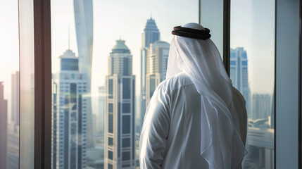 Fototapeta premium An elegant man in traditional attire gazes out of a large window, overlooking a modern cityscape with high-rise buildings and skyscrapers.