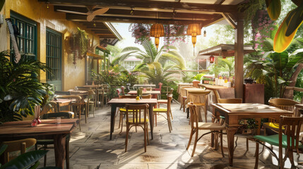 A cozy, sunlit outdoor café area with wooden furniture and vibrant greenery, offering a perfect spot for a leisurely meal or coffee.