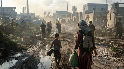 Individuals traverse a muddy street in an overcast setting with makeshift housing, indicating a scene of displacement and resilience.