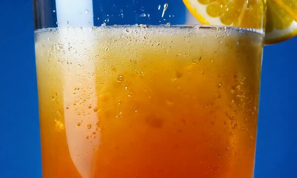 Glass of apperol spritz cocktail with orange slice on blue background.