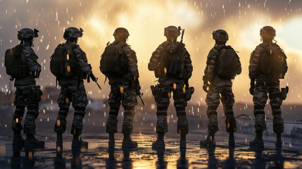 A striking image of soldiers standing in the rain at sunset, silhouetted against a golden sky, evoking themes of bravery and camaraderie.