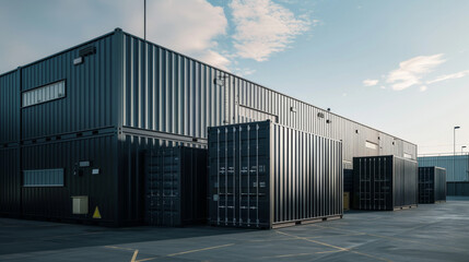 Fototapeta premium Industrial shipping containers arranged outside a large, modern warehouse under a partially cloudy sky, showcasing organized logistics.