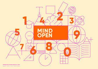 Back to school. A bold educational poster that uses vibrant orange and geometric elements to convey the concept of "Mind Open" in a minimalist style.