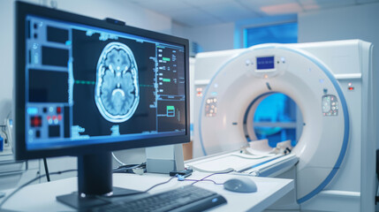 A high-tech medical room featuring an MRI scanner and a computer monitor displaying a brain scan, symbolizing advanced healthcare and diagnostics.