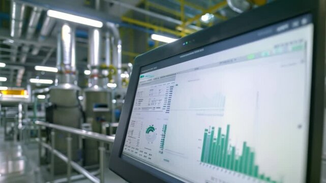 A close-up shot of a computer screen displaying various data visualizations in a modern industrial facility.