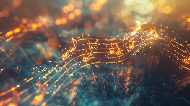 A mesmerizing digital composition of glowing musical notes floating amidst vibrant swirling lights, creating an atmosphere of magical sound and imagination.