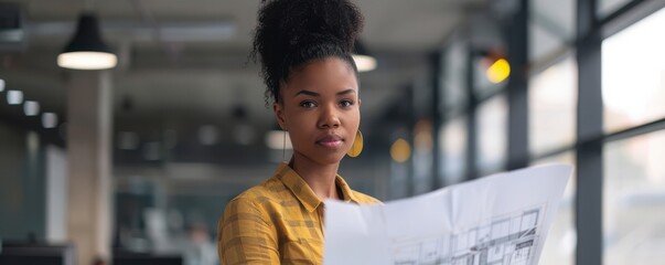 Young African American female architect holding blueprints.