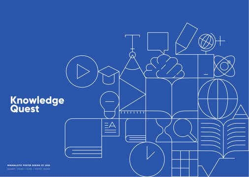 Back to school. Vibrant blue educational poster featuring line art representing learning tools and the quest for knowledge.