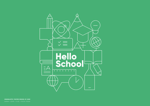 Back to school. Engaging minimalist poster with educational elements in line art style on a vibrant green background.