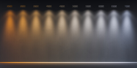 Line of color temperatures of light sources in Kelvin on a dark background