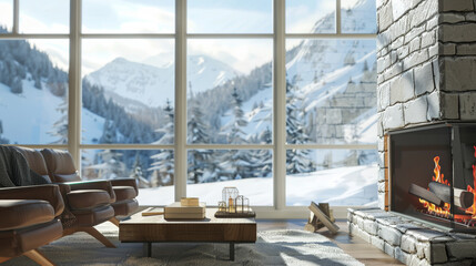 Cozy living room with a stone fireplace and panoramic mountain views through large windows, creating a serene, winter retreat ambiance.