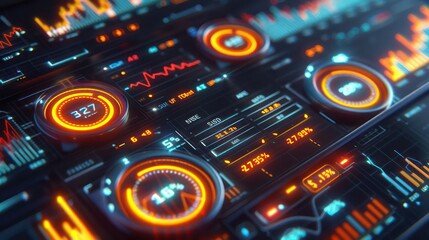 Obraz premium Detailed 3D model of a financial health monitoring system, with glowing indicators and dials measuring corporate performance metrics