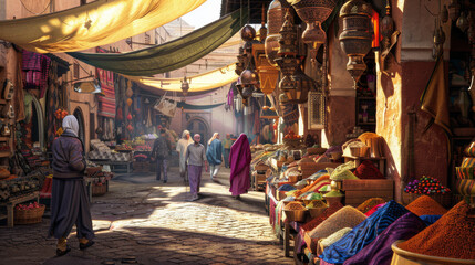Obraz premium A bustling market street bathed in warm sunlight, vibrant with an array of spices and local goods, where people in traditional attire go about their daily activities.