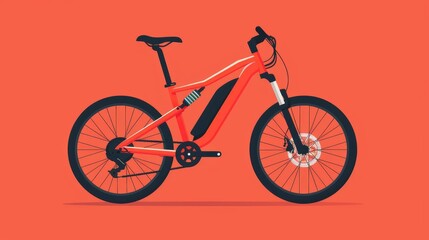 a modern red mountain bike with detailed components on a solid orange background.