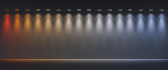 Line of color temperatures of light sources in Kelvin on a dark background