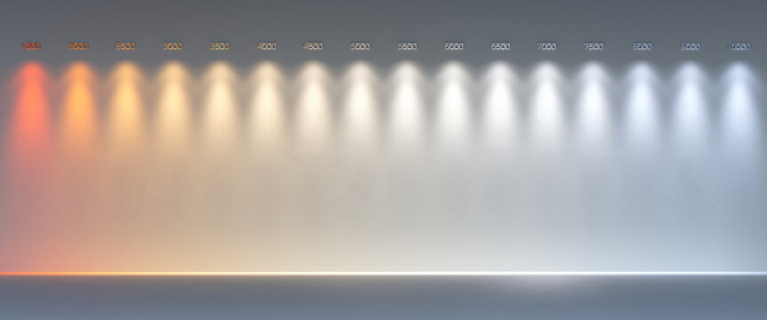 Line of color temperatures of light sources in Kelvin on a light background