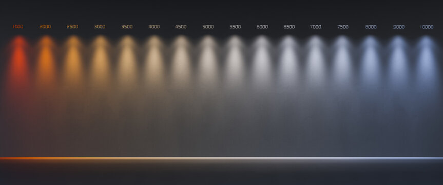 Line of color temperatures of light sources in Kelvin on a dark background