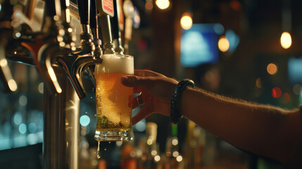 A bartender pours a glass of golden, frothy beer from a shiny tap, with warm lighting creating a relaxed, inviting atmosphere in the bar.