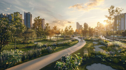 Fototapeta premium Serene urban park with winding paths, lush greenery, and a picturesque sunset, surrounded by tall city buildings.