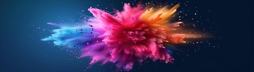 Vibrant explosion of colorful powder on a dark background. Abstract art showcasing dynamic energy and motion in pink, blue, and purple hues.