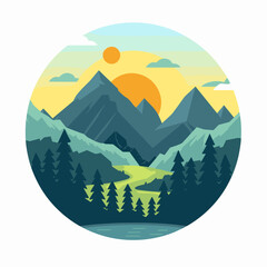 Mountain landscape with lake, forest and sun. Flat style vector illustration.