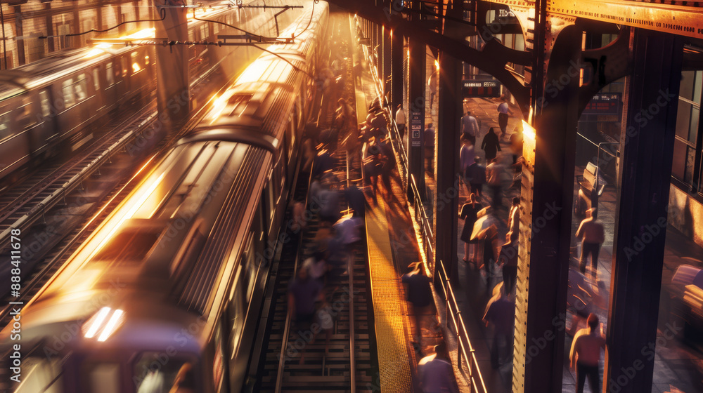 Wall mural A busy urban transit station at sunset, with streams of light accentuating the fast-paced lives of the commuters and the city's heartbeat.