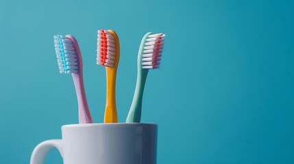 Three colourful soft toothbrushes in white mug on blue background