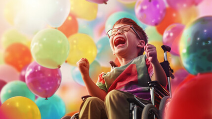 A joyful boy in a wheelchair surrounded by colorful balloons, radiating happiness and excitement in a festive atmosphere.