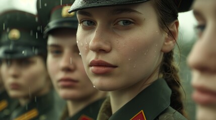 Fototapeta premium Close-up of Russian women dressed in military uniforms in an open-air parade. Russian women in uniforms in the rain during an official parade.