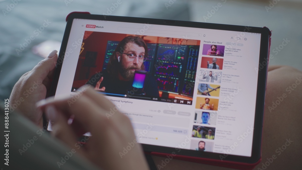Poster caucasian woman watches educational video of blogger about stock trading using tablet computer while