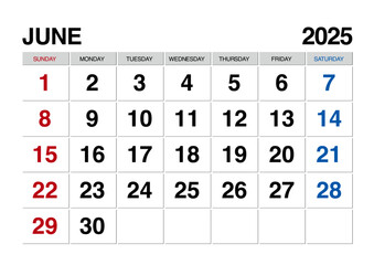 2025年6月のカレンダー日曜始まり日本の祝日表記有り無し共通

