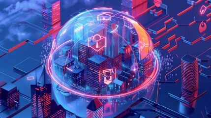 A virtual city shielded by a dome representing the NIS2 Directive and Cyber Resilience Act. This dome ensures the safety and security of the city, like an umbrella protecting it from cyber threats.
