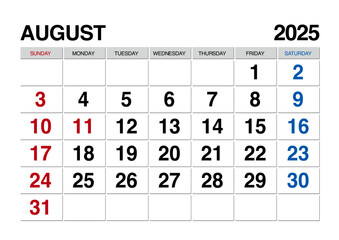 2025年8月のカレンダー日曜始まり日本の祝日表記有り
