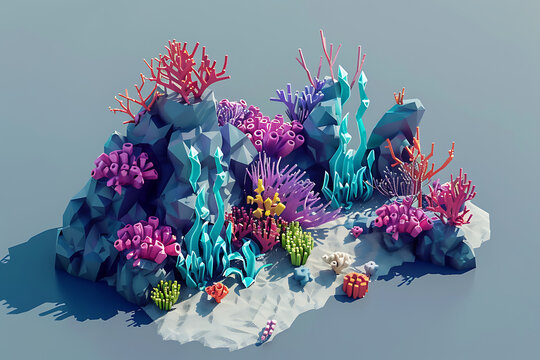 Seascape rocks and plants. Underwater view with sand and seaweed, fish floating near the bottom of the ocean. 