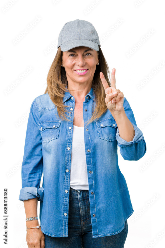 Sticker beautiful middle age woman wearing sport cap over isolated background showing and pointing up with f