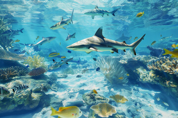 Fototapeta premium Sharks and vibrant fish swim among coral reefs in a clear, blue oceanic paradise, showcasing the stunning diversity of marine life.