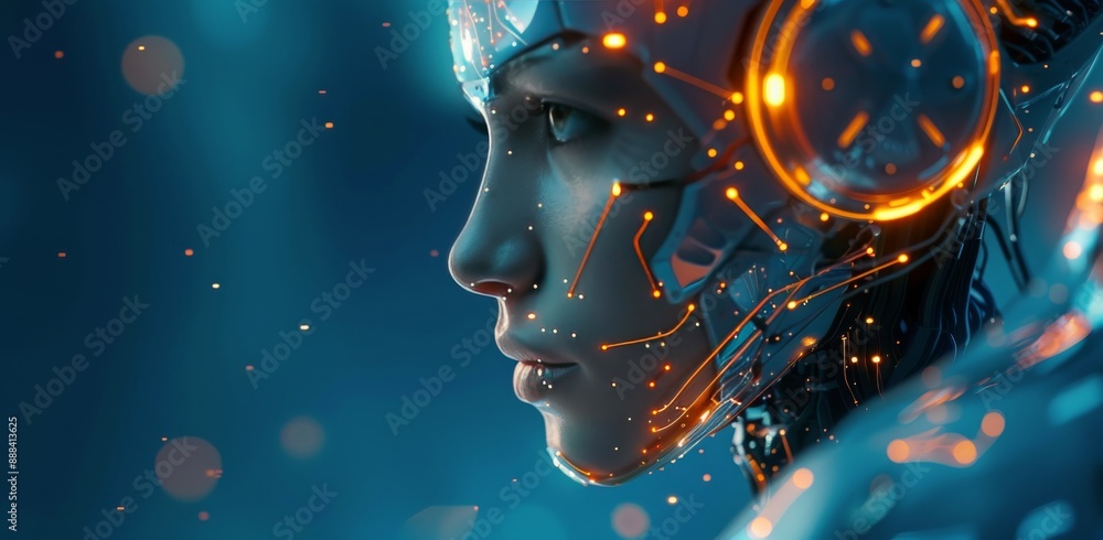 Poster digital human portrait with illuminated circuitry and glowing bokeh