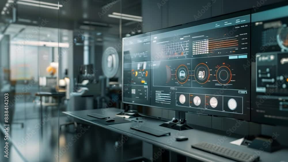 Poster a modern office with a large computer screen showing data graphs and charts on a desk with a keyboar