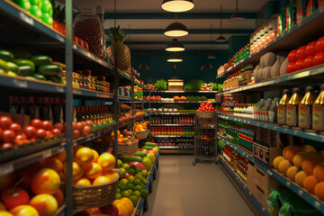 Fototapeta premium A well-lit grocery store aisle filled with various colorful fruits and vegetables neatly displayed for shoppers.