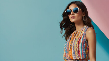 Fototapeta premium A fashion model wearing colorful summer dress and sunglasses, posing against an isolated blue background with space for text or product placement