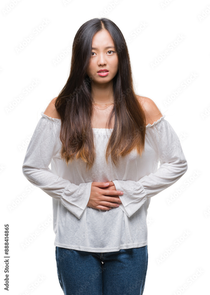 Poster young asian woman over isolated background with hand on stomach because indigestion, painful illness