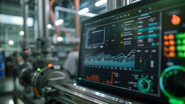 Close-up of computer monitor showing data graphs for monitoring industrial machine, in factory setting with equipment in background.