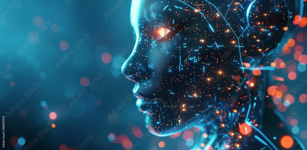 Poster digital human portrait with illuminated circuitry and glowing bokeh