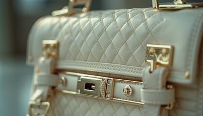 Close Up of White Leather Handbag With Gold Hardware and Diamond Accents