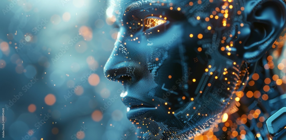 Poster digital human portrait with illuminated circuitry and glowing bokeh