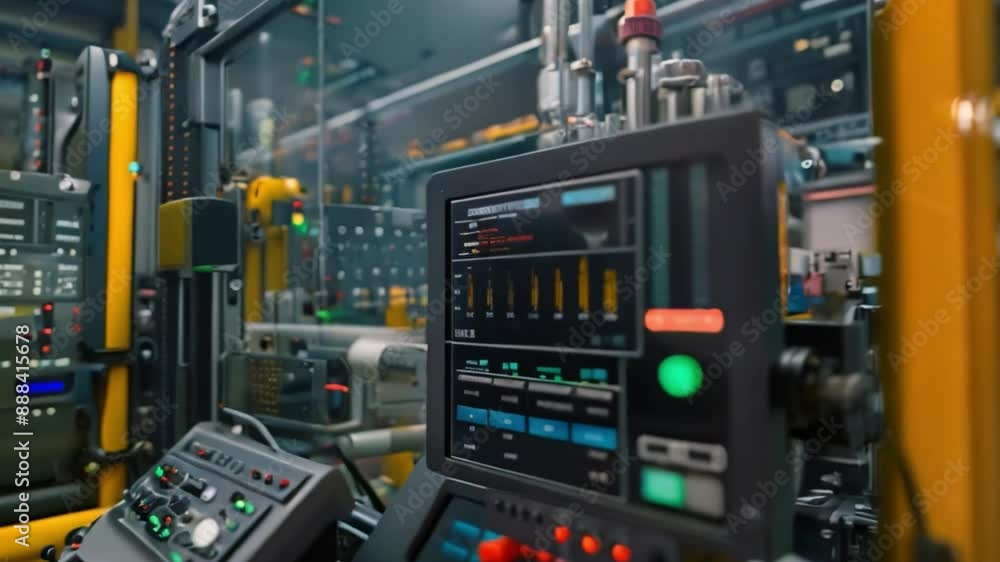 Poster a close-up of a control panel display in an industrial factory, showing data and graphs related to a