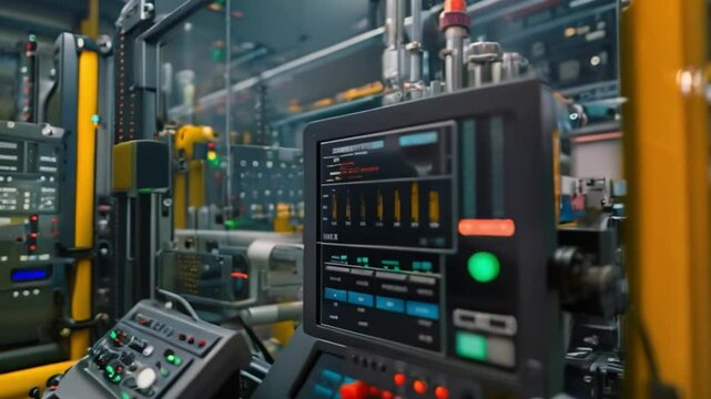 A close-up of a control panel display in an industrial factory, showing data and graphs related to automated processes.