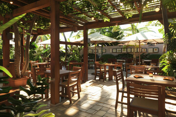 Fototapeta premium Sunlit outdoor café with wooden furniture, lush greenery, and a relaxed, tropical vibe, inviting patrons to enjoy a leisurely meal or drink.